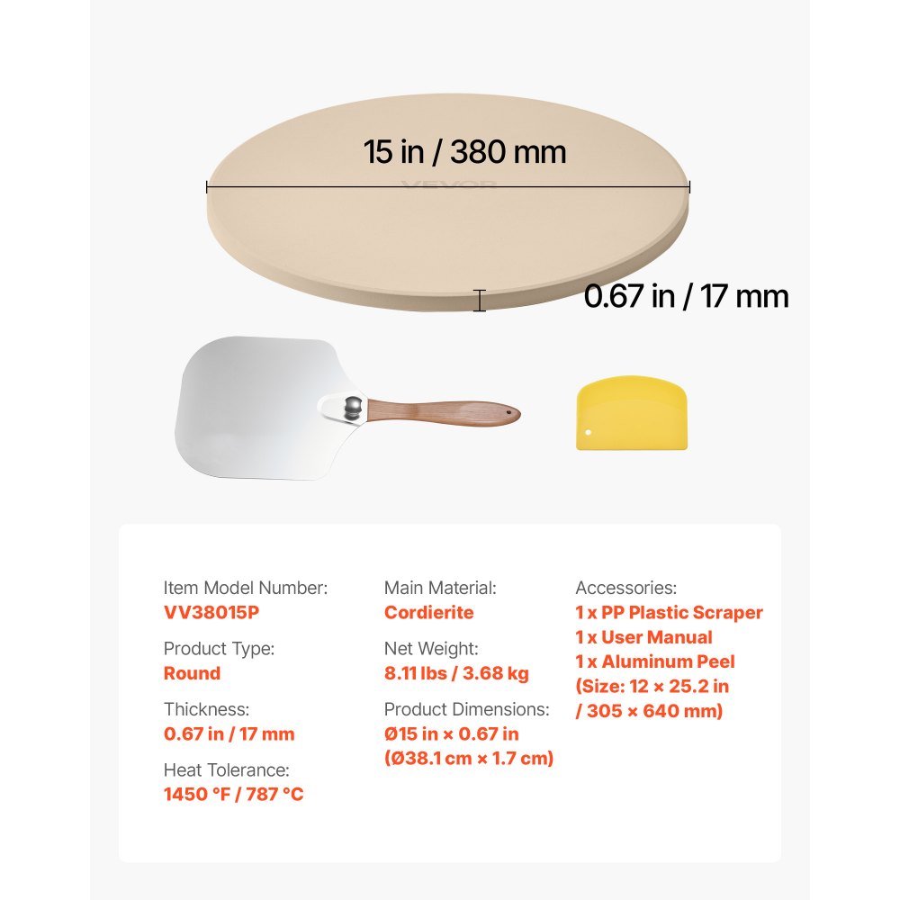 VEVOR Pizza Stone, 15 in Round Pizza Stone,  0.67 in Large Cordierite Baking-Stone with Metal Peel, Scrape, 1450℉ Heat-Resistant Cooking Stones, for Kitchen Oven, Baking Pizzas, BBQ Grilling