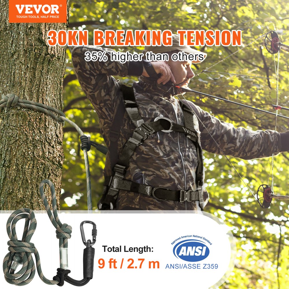 VEVOR Tree Stand Safety Rope, 9 ft/2.7 M Treestand Lifeline Rope 30KN Breaking Tension, 0.6'' Hunting Safety Line with Prusik Knot, 2pcs Carabiner and Silencer, for Treestrap and Climbing