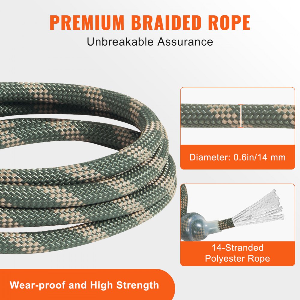VEVOR Tree Stand Safety Rope, 9 ft/2.7 M Treestand Lifeline Rope 30KN Breaking Tension, 0.6'' Hunting Safety Line with Prusik Knot, 2pcs Carabiner and Silencer, for Treestrap and Climbing