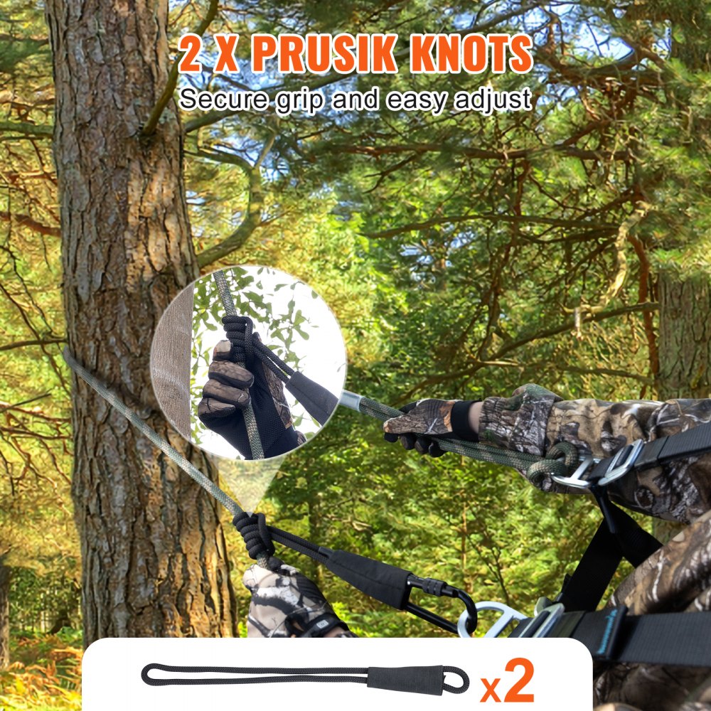 VEVOR Tree Stand Safety Rope, 9 ft/2.7 M Treestand Lifeline Rope 30KN Breaking Tension, 0.6'' Hunting Safety Line with Prusik Knot, 2pcs Carabiner and Silencer, for Treestrap and Climbing