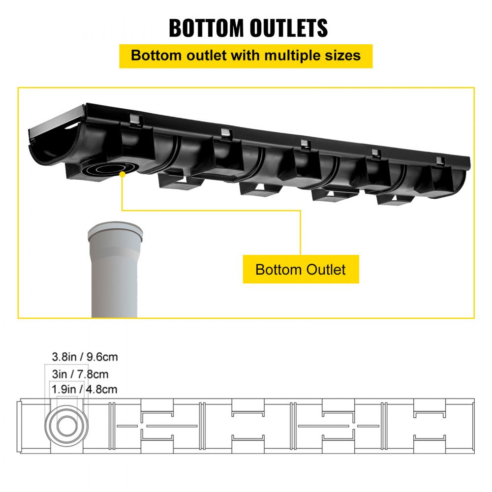 VEVOR Trench Drain System, Channel Drain with Metal Grate, 5.7x3.1-Inch HDPE Drainage Trench, Black Plastic Garage Floor Drain, 5x39 Trench Drain Grate, with 5 End Caps, for Garden, Driveway-5 Pack