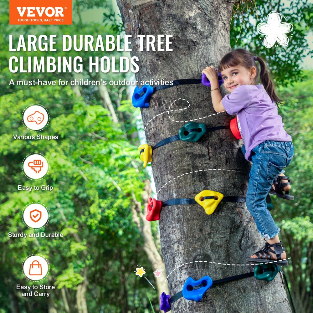 VEVOR Ninja Tree Climbing Kit, 12 Tree Climbing Holds and 6 Ratchet Straps, Large Climbing Rocks for Kids and Adults Climber, Various Colors and Shapes, for Outdoor Ninja Warrior Obstacle Training