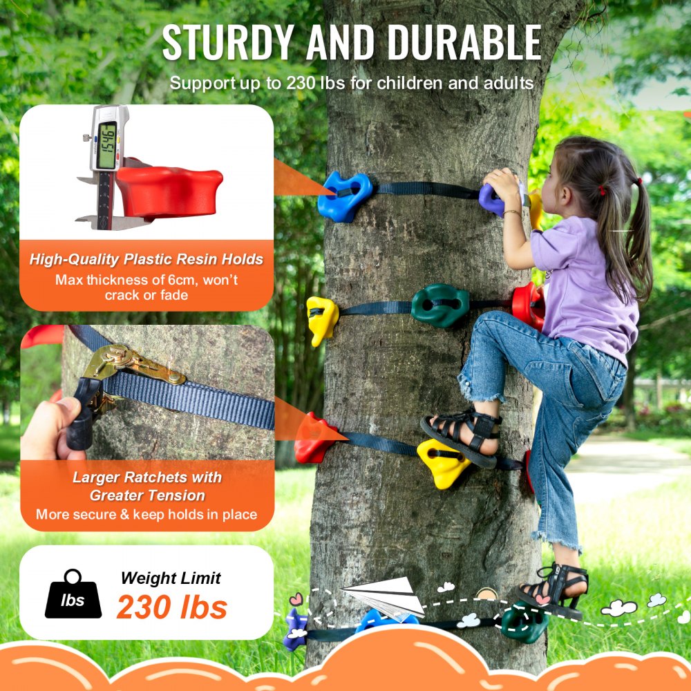 VEVOR Ninja Tree Climbing Kit, 12 Tree Climbing Holds and 6 Ratchet Straps, Large Climbing Rocks for Kids and Adults Climber, Various Colors and Shapes, for Outdoor Ninja Warrior Obstacle Training