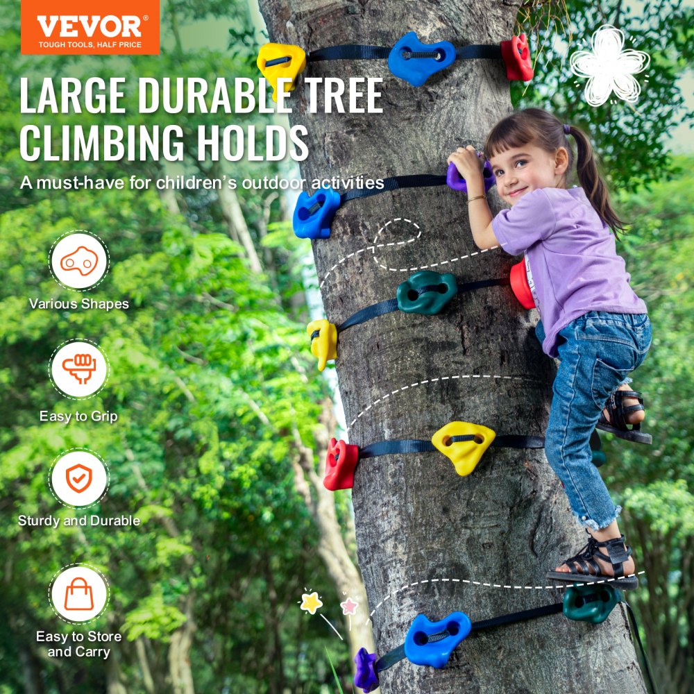 VEVOR Ninja Tree Climbing Kit, 20 Tree Climbing Holds and 6 Ratchet Straps, Large Climbing Rocks for Kids and Adults Climber, Various Colors and Shapes, for Outdoor Ninja Warrior Obstacle Training