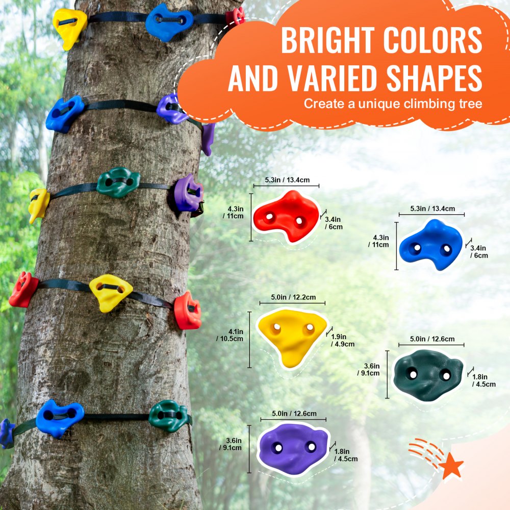 VEVOR Ninja Tree Climbing Kit, 20 Tree Climbing Holds and 6 Ratchet Straps, Large Climbing Rocks for Kids and Adults Climber, Various Colors and Shapes, for Outdoor Ninja Warrior Obstacle Training