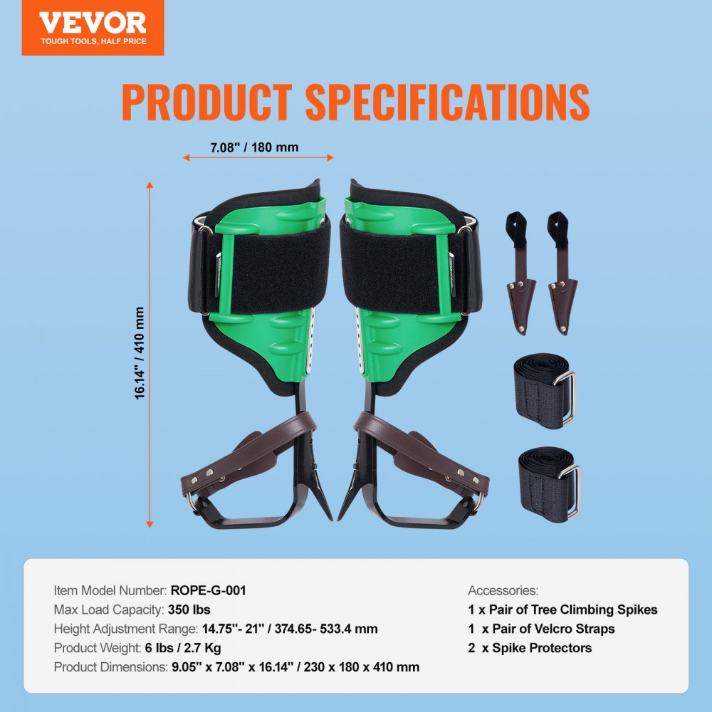 VEVOR Tree Climbing Spikes, 1 Pair Alloy Steel Climbing Spurs, 350lbs Load Capacity Tree Climbing Gear with Straps and Spike Protectors, Arborist Equipment for Climbers, Hunting, Fruit Picking, Green