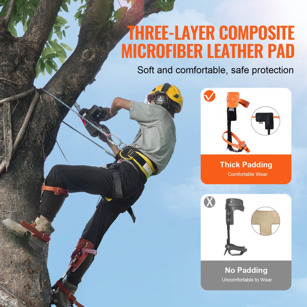 VEVOR Tree Climbing Spikes, 1 Pair Alloy Steel Climbing Spurs, 350lbs Load Capacity Tree Climbing Gear with Straps and Spike Protectors, Arborist Equipment for Climbers, Hunting, Fruit Picking, Orange