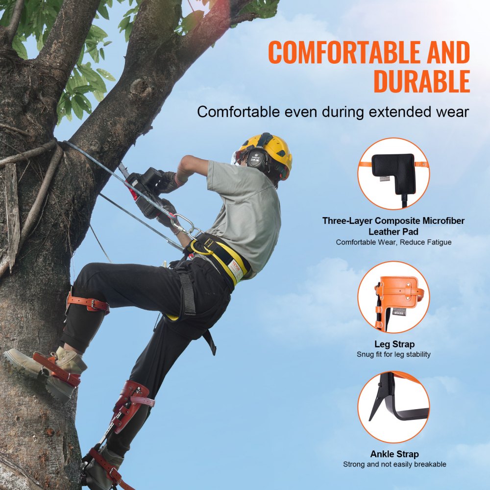VEVOR Tree Climbing Spikes Set, 1 Pair Alloy Steel Climbing Spurs with Safety Rope and Safety Harness, 350lbs Load Capacity Tree Climbing Gear, Arborist Equipment for Climbers, Fruit Picking, Orange