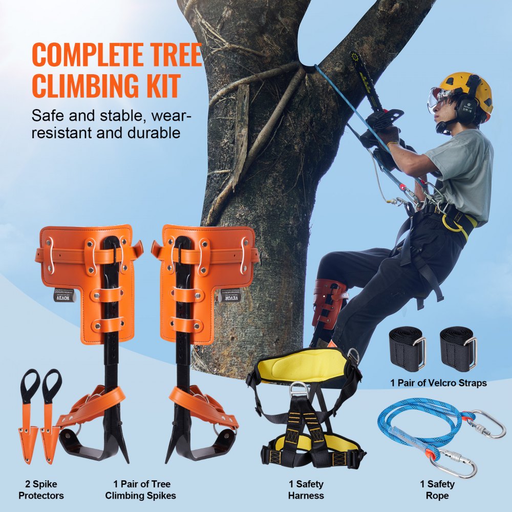 VEVOR Tree Climbing Spikes Set, 1 Pair Alloy Steel Climbing Spurs with Safety Rope and Safety Harness, 350lbs Load Capacity Tree Climbing Gear, Arborist Equipment for Climbers, Fruit Picking, Orange