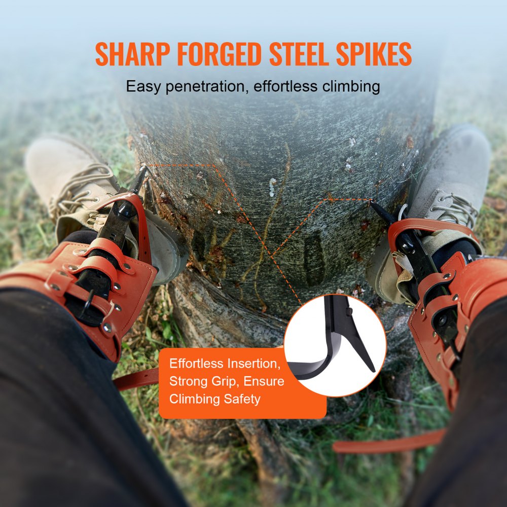 VEVOR Tree Climbing Spikes Set, 1 Pair Alloy Steel Climbing Spurs with Safety Rope and Safety Harness, 350lbs Load Capacity Tree Climbing Gear, Arborist Equipment for Climbers, Fruit Picking, Orange