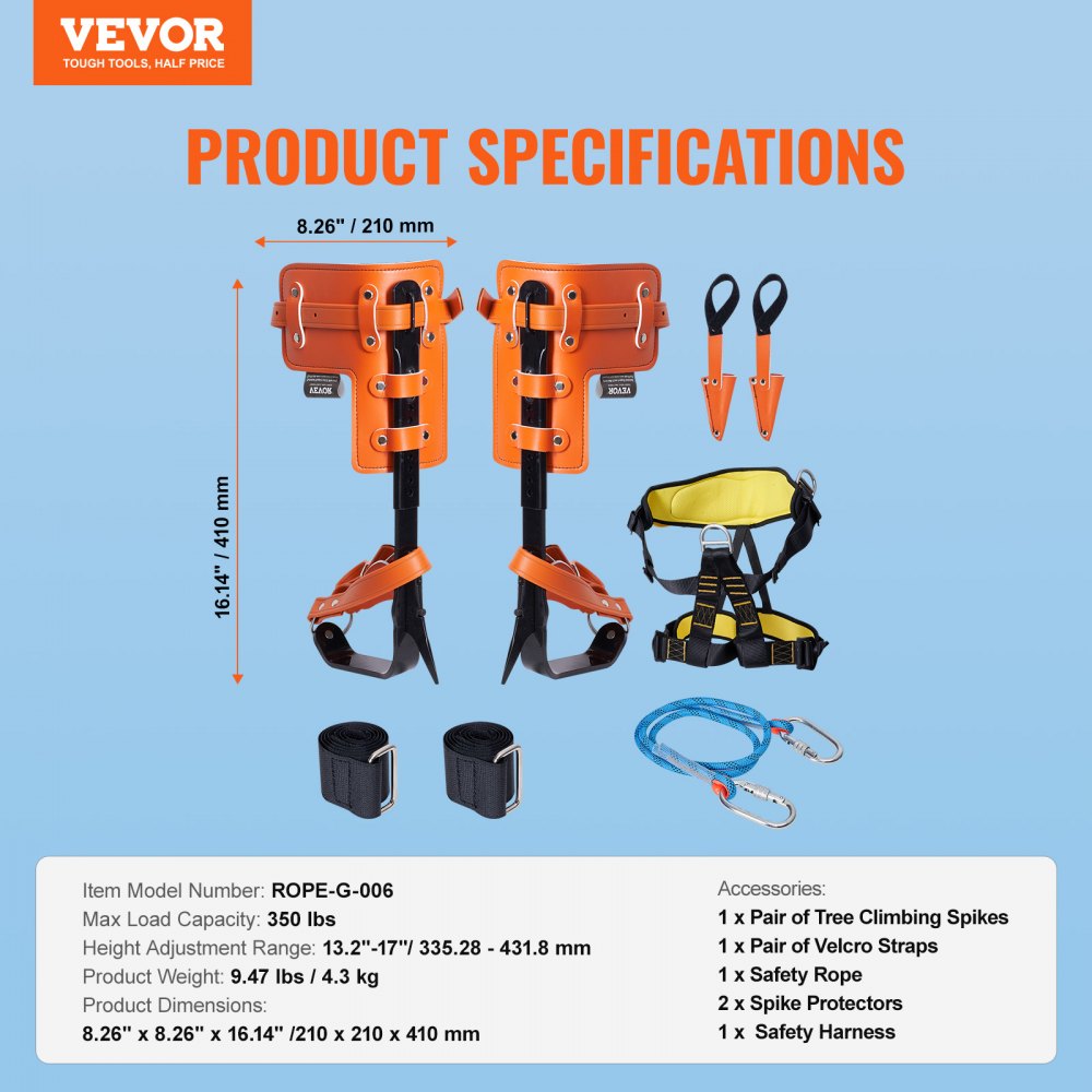 VEVOR Tree Climbing Spikes Set, 1 Pair Alloy Steel Climbing Spurs with Safety Rope and Safety Harness, 350lbs Load Capacity Tree Climbing Gear, Arborist Equipment for Climbers, Fruit Picking, Orange