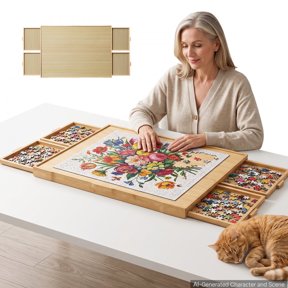 VEVOR 1000 Piece Puzzle Board with 4 Drawers and Cover, 29x21 in, Birthday Gift for Mom, Portable Wooden Table, Jigsaw Accessories for Adult, Puzzle Organizer Storage System
