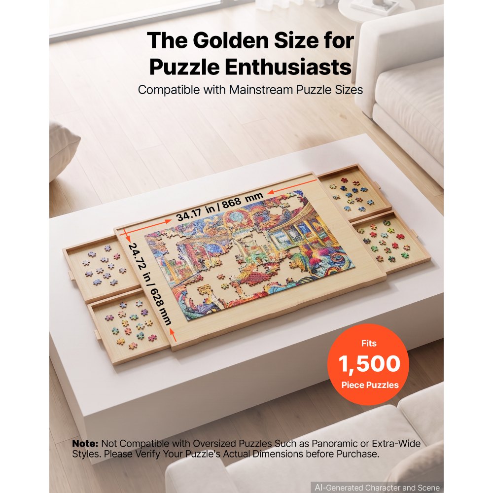 VEVOR 1500 Piece Rotating Puzzle Board with 4 Drawers and Cover, 34x25 in, Birthday Gift for Mom, Portable Wooden Table, 360° Rotation Jigsaw Accessories for Adult, Puzzle Organizer Storage System