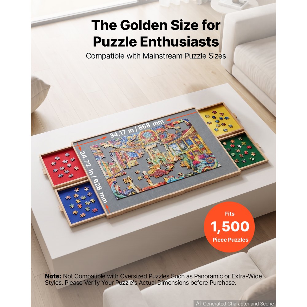VEVOR 1500 Piece 2-in-1 Tilting & Rotating Puzzle Board 4 Drawers 34x25 in, Portable Wooden Table with Colorful Felt Drawer and Cover, 360° Rotation Puzzles Storage Jigsaw Accessories for Adult