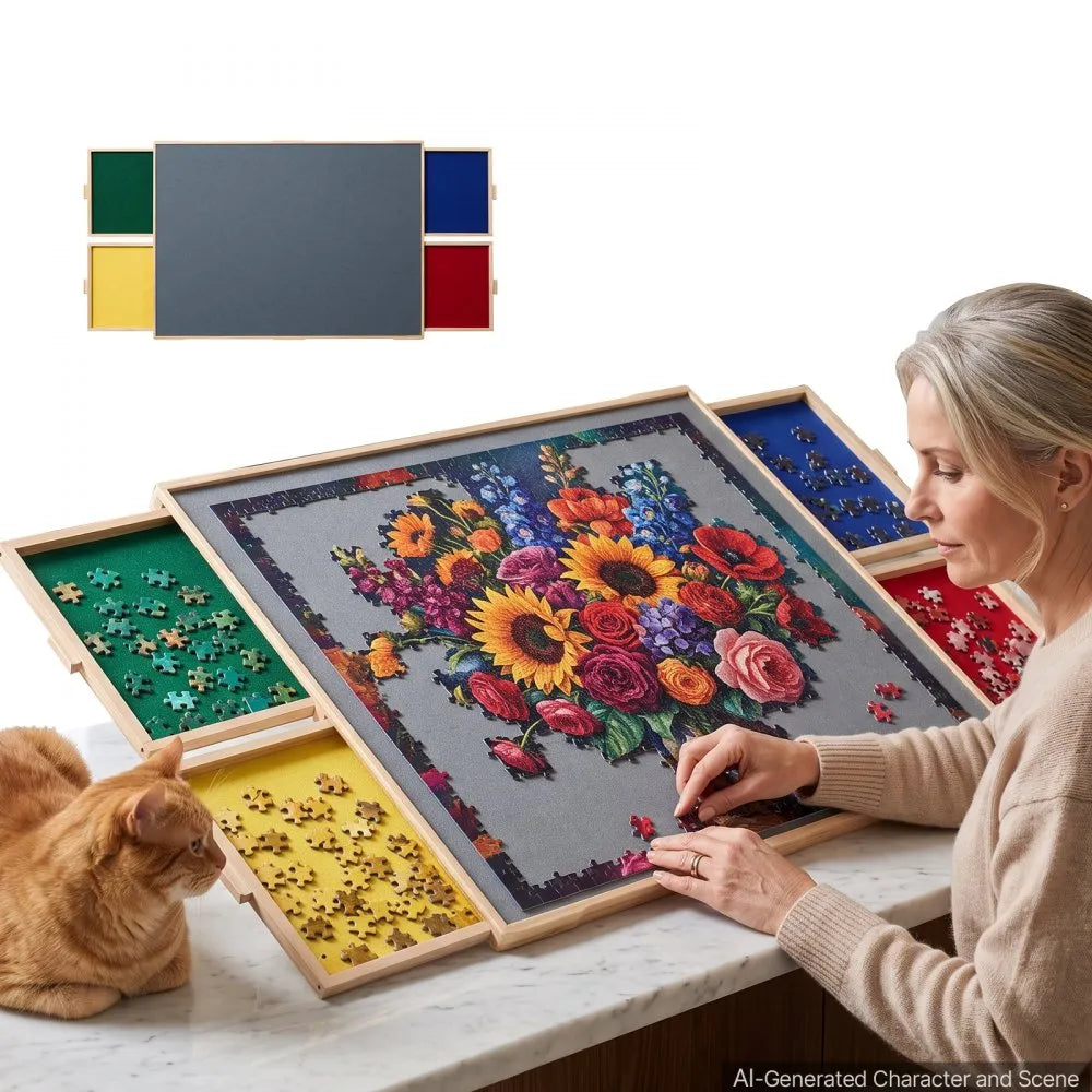 VEVOR 1500 Piece 2-in-1 Tilting & Rotating Puzzle Board 4 Drawers 34x25 in, Portable Wooden Table with Colorful Felt Drawer and Cover, 360° Rotation Puzzles Storage Jigsaw Accessories for Adult