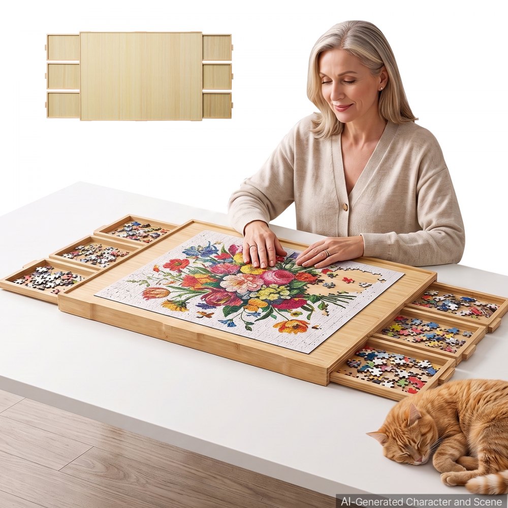 VEVOR 2000 Piece Rotating Puzzle Board with 6 Drawers and Cover, 40x29 in, Birthday Gift for Mom, Portable Wooden Table, 360° Rotation Jigsaw Accessories for Adult, Puzzle Organizer Storage System