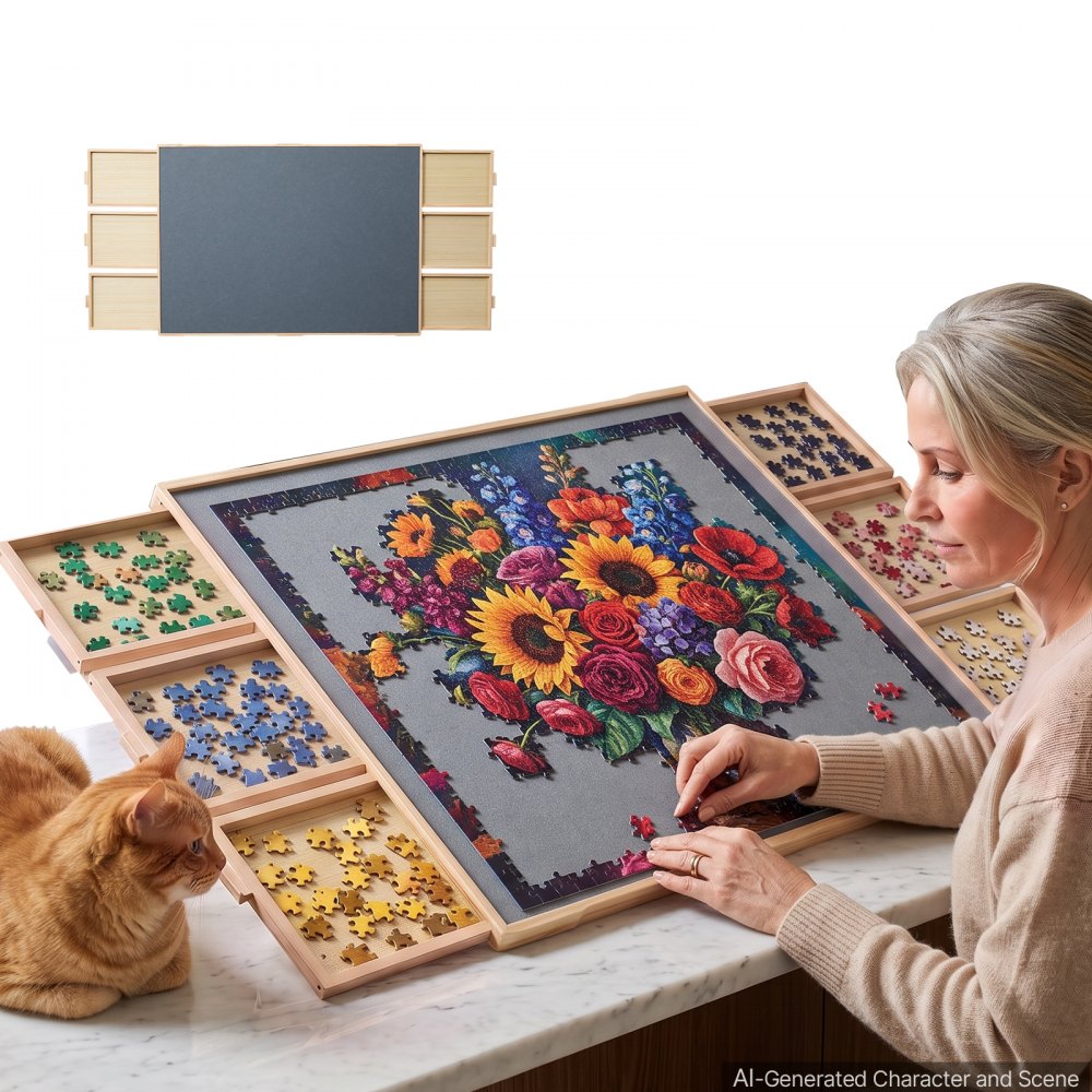 VEVOR 2000 Piece Rotating Puzzle Board with 6 Drawers and Cover, 40x29 in, Birthday Gift for Mom, Felt Surface, Portable Wooden Table, 360° Rotation Puzzles Storage Jigsaw Accessories for Adult