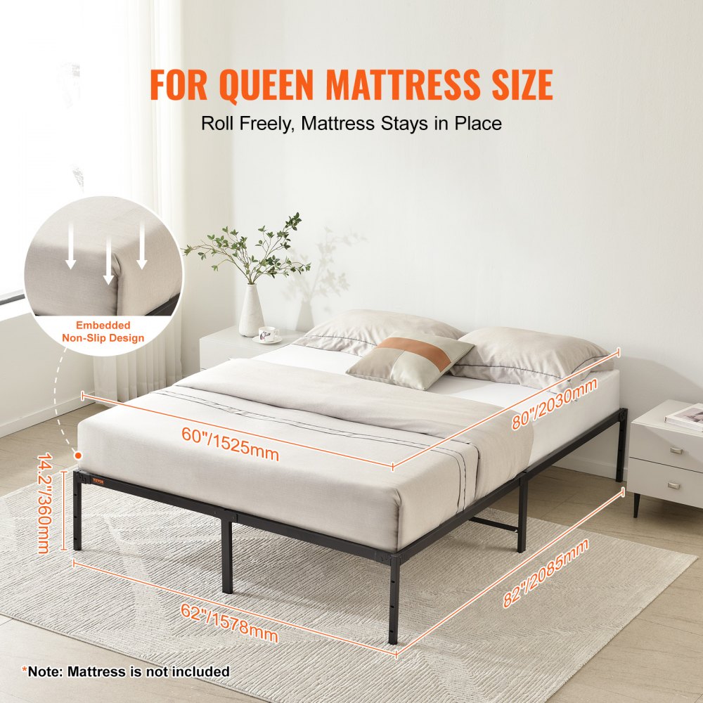 VEVOR 14 Inch Queen Metal Bed Frame Platform, No Box Spring Needed, 1500 lbs Loading Capacity Embedded Heavy Duty Mattress Foundation with Steel Slat Support, Easy Assembly, Noise Free