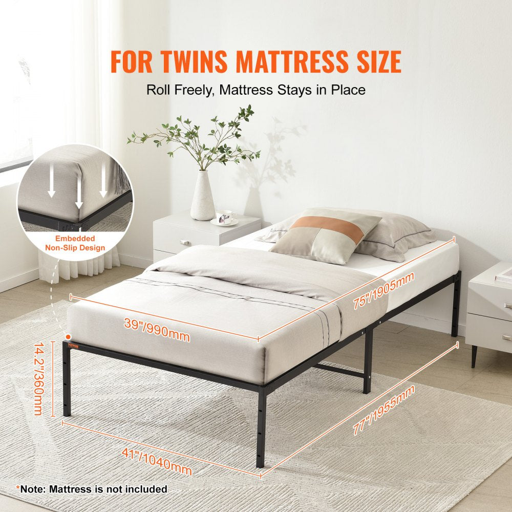 VEVOR 14 Inch Twin Metal Bed Frame Platform, No Box Spring Needed, Embedded Mattress Foundation with Steel Slat Support, Easy Assembly, Noise Free