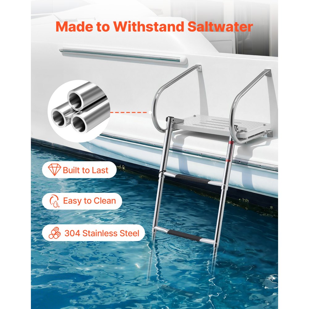 VEVOR Boat Ladder, 3 Steps, Stainless Steel Telescoping Folding Swim Deck Ladder for Rear Entry Inboard, 400 lbs Capacity with Wide Anti-Slip Steps & Handrails, for Outboards, Yacht, Pontoon Boats