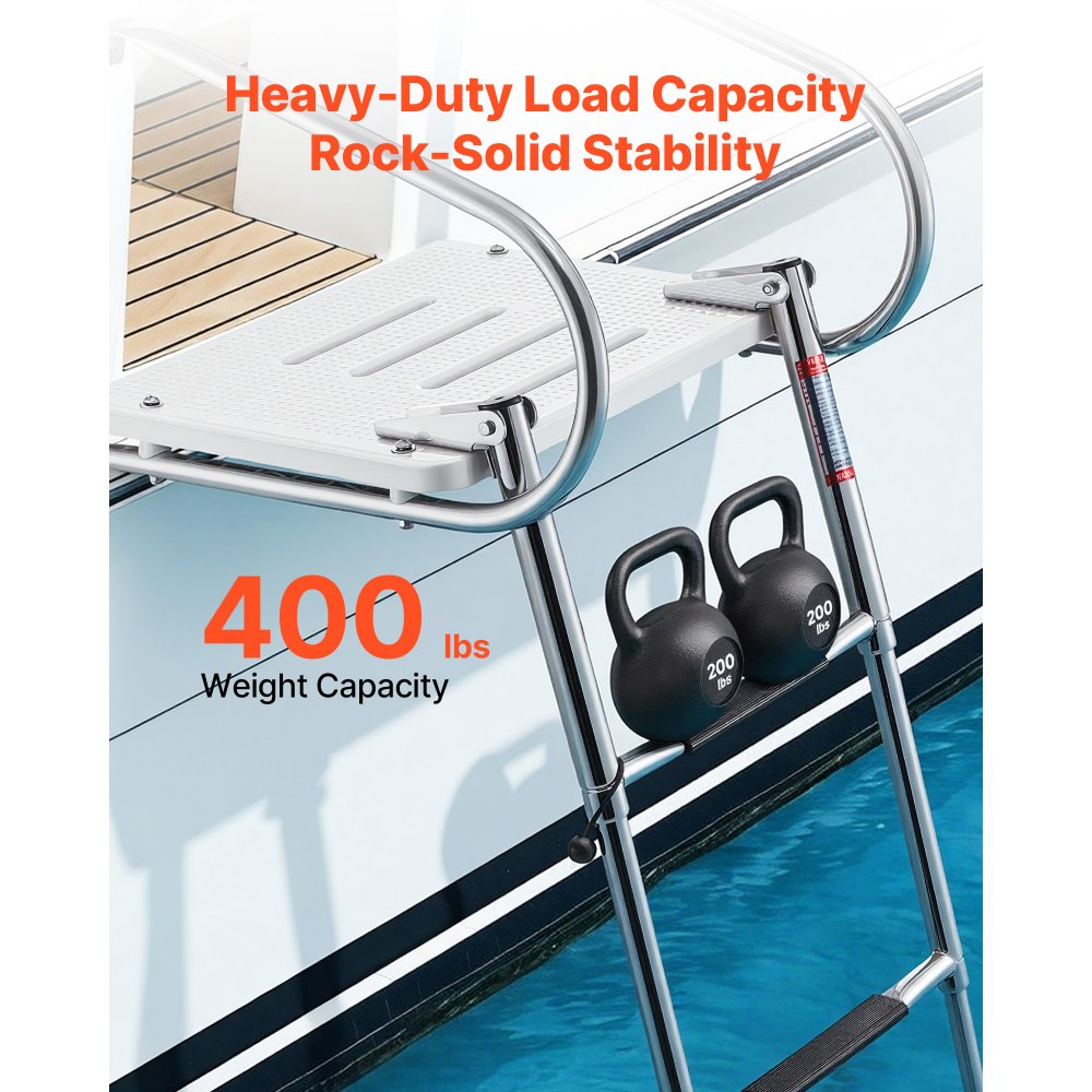 VEVOR Boat Ladder, 3 Steps, Stainless Steel Telescoping Folding Swim Deck Ladder for Rear Entry Inboard, 400 lbs Capacity with Wide Anti-Slip Steps & Handrails, for Outboards, Yacht, Pontoon Boats