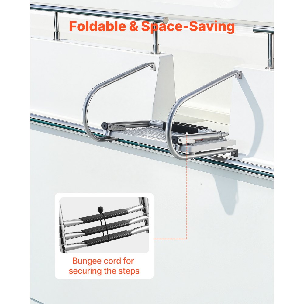 VEVOR Boat Ladder, 3 Steps, Stainless Steel Telescoping Folding Swim Deck Ladder for Rear Entry Inboard, 400 lbs Capacity with Wide Anti-Slip Steps & Handrails, for Outboards, Yacht, Pontoon Boats