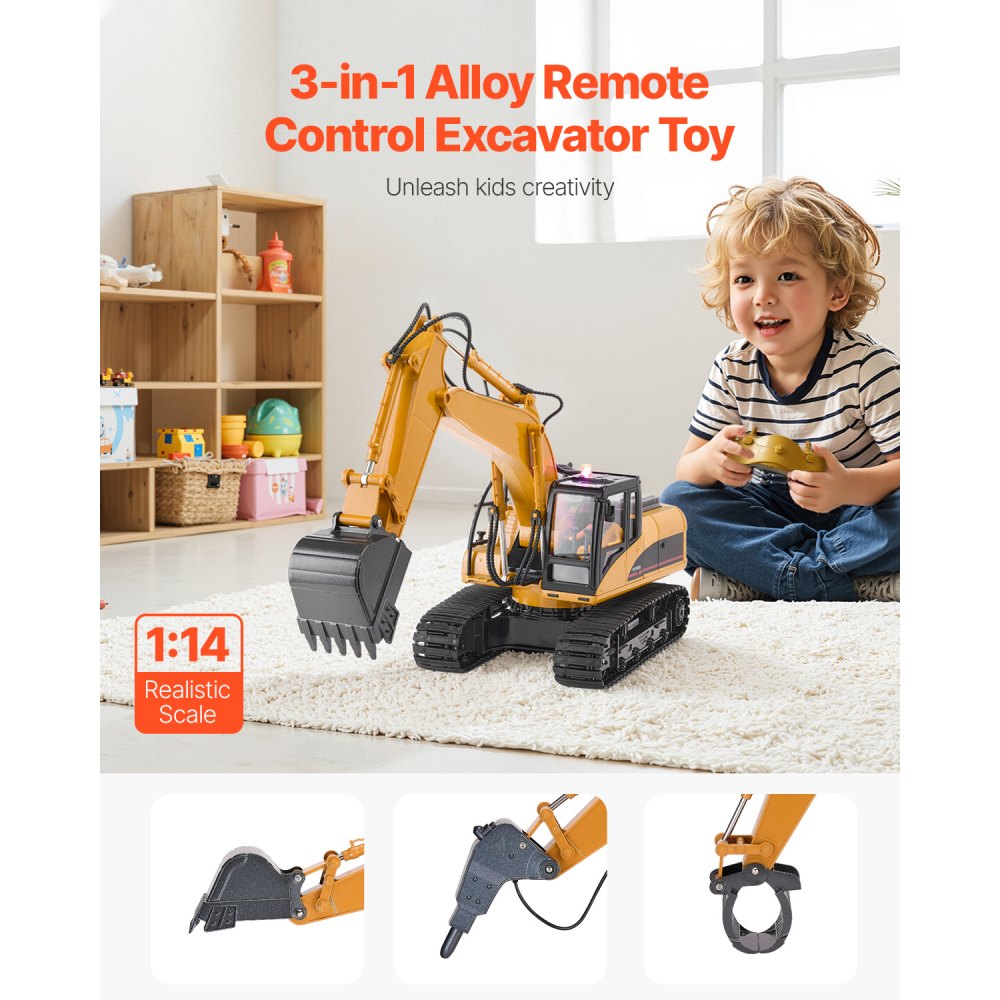 VEVOR Remote Control Excavator Toy, 15 Channel, 3 in 1 Remote Control Digger with Metal Shovel, 1:14 Scale RC Excavator with Light & Sound, Full Functional Construction Vehicles for Kids, 2 Batteries