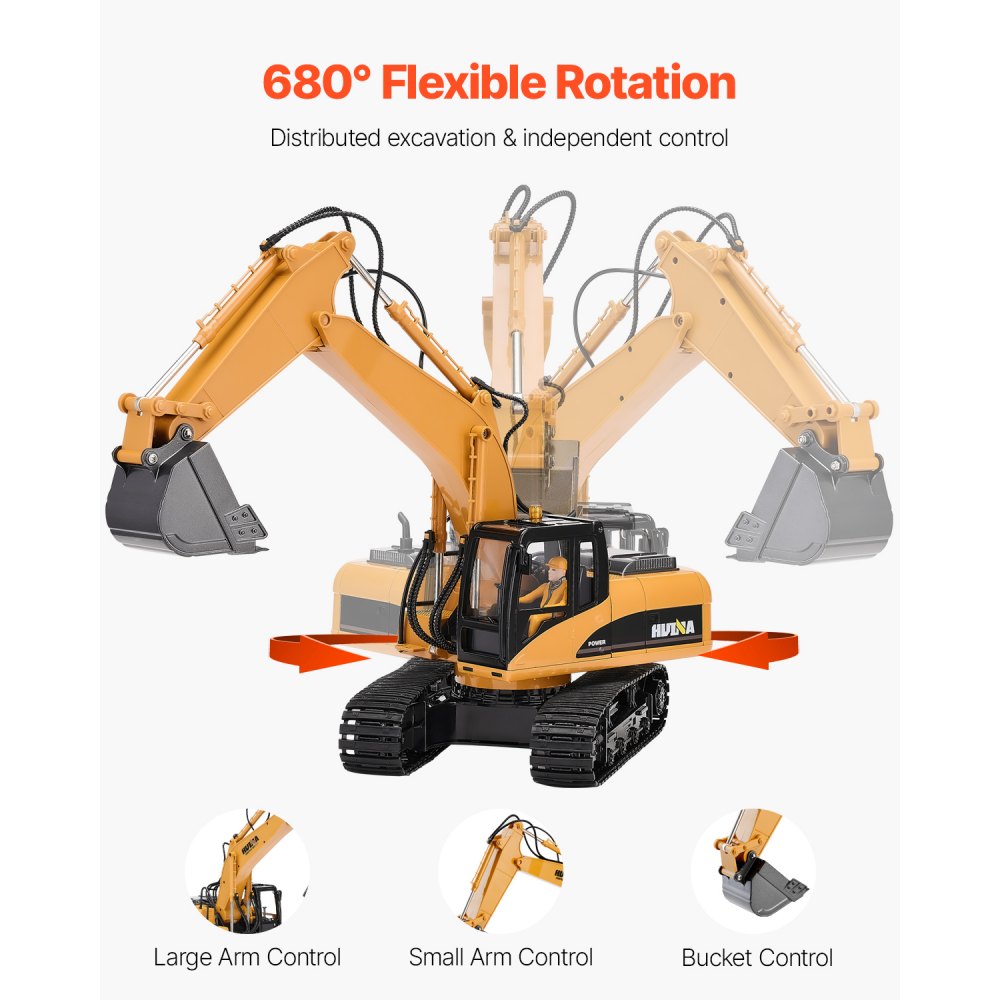 VEVOR Remote Control Excavator Toy, 15 Channel, 3 in 1 Remote Control Digger with Metal Shovel, 1:14 Scale RC Excavator with Light & Sound, Full Functional Construction Vehicles for Kids, 2 Batteries