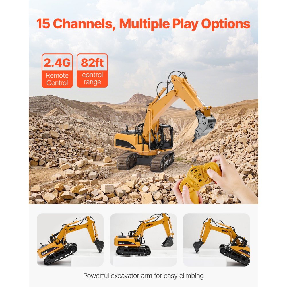 VEVOR Remote Control Excavator Toy, 15 Channel, 3 in 1 Remote Control Digger with Metal Shovel, 1:14 Scale RC Excavator with Light & Sound, Full Functional Construction Vehicles for Kids, 2 Batteries