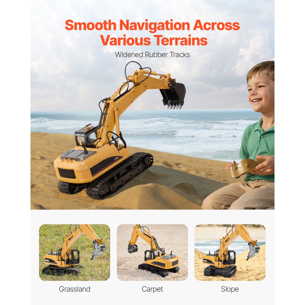 VEVOR Remote Control Excavator Toy, 15 Channel, 3 in 1 Remote Control Digger with Metal Shovel, 1:14 Scale RC Excavator with Light & Sound, Full Functional Construction Vehicles for Kids, 2 Batteries
