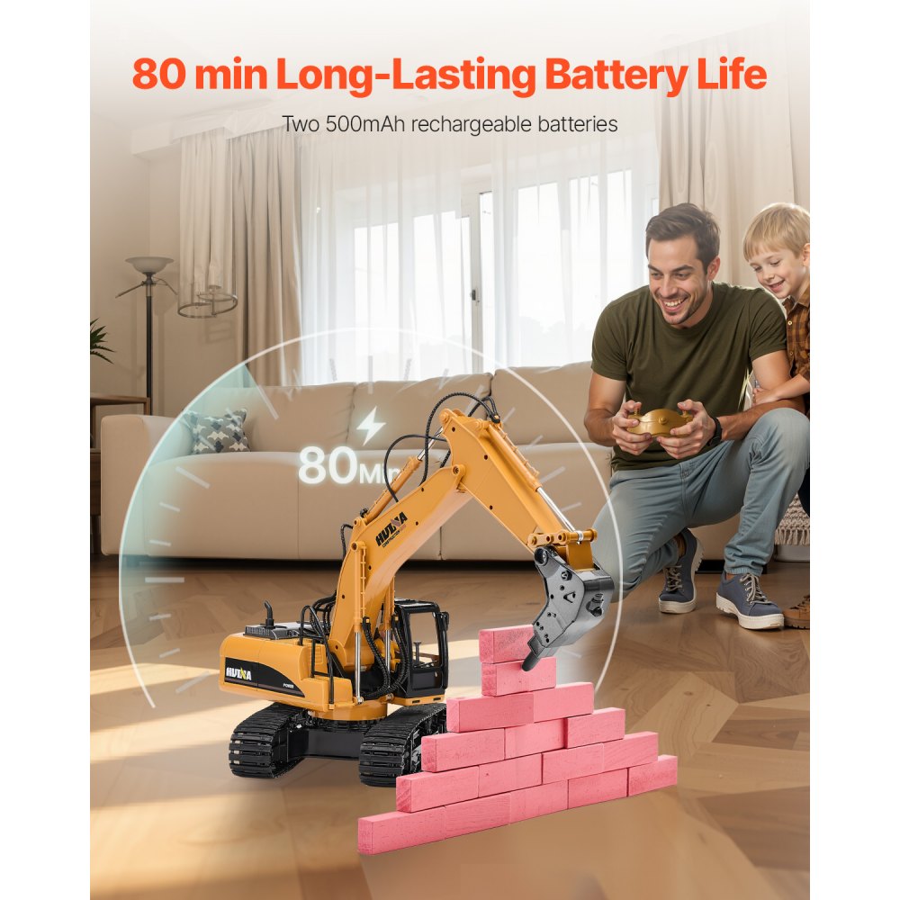VEVOR Remote Control Excavator Toy, 15 Channel, 3 in 1 Remote Control Digger with Metal Shovel, 1:14 Scale RC Excavator with Light & Sound, Full Functional Construction Vehicles for Kids, 2 Batteries