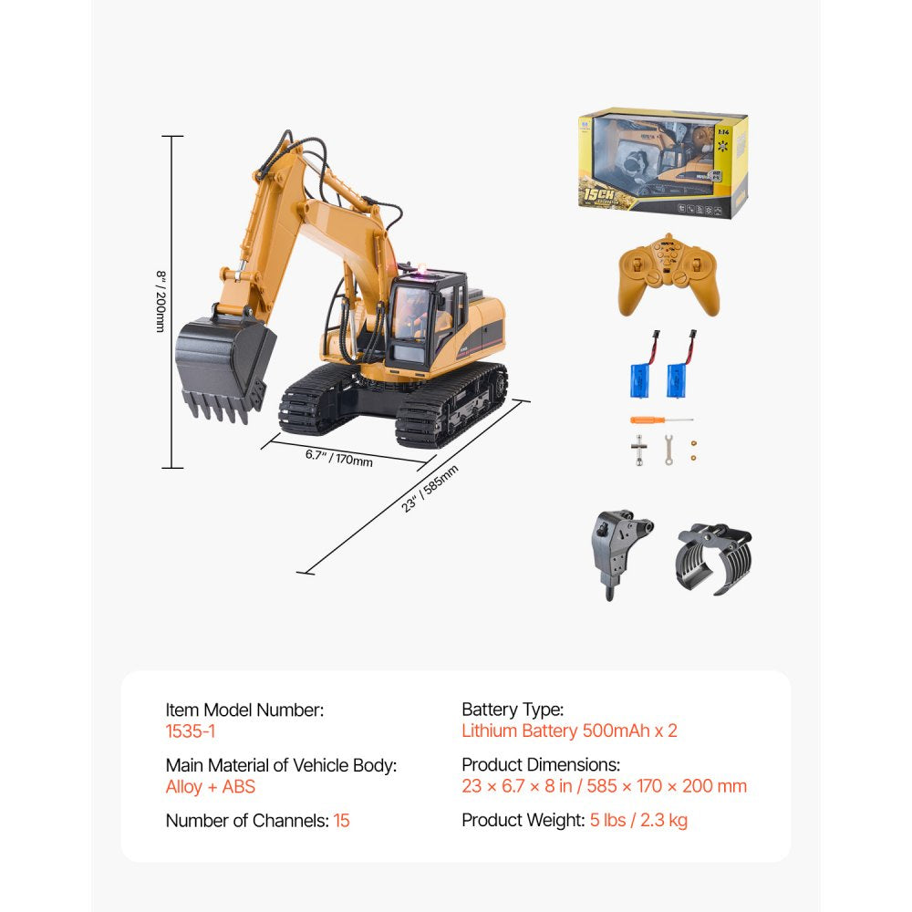 VEVOR Remote Control Excavator Toy, 15 Channel, 3 in 1 Remote Control Digger with Metal Shovel, 1:14 Scale RC Excavator with Light & Sound, Full Functional Construction Vehicles for Kids, 2 Batteries