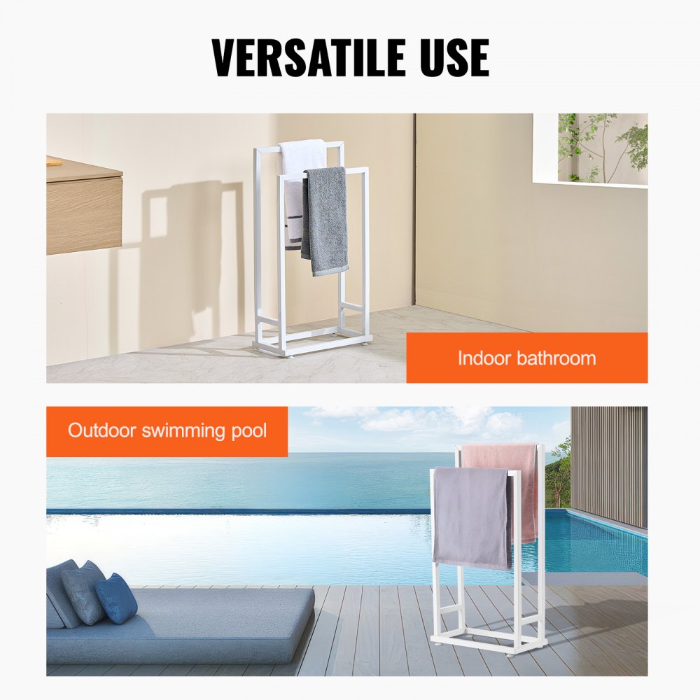VEVOR Towel Rack, 2 Bars Metal Outdoor Towel Holder, Freestanding Pool Towel Hanger Stand Next to Hot Tub, Outdoor or Indoor Quilt Drying Rack Organizer, Ideal for Poolside, Bathroom, Spa, White