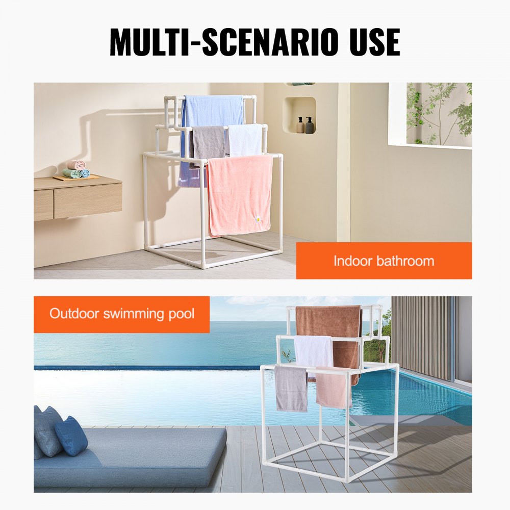 VEVOR Towel Rack, 8 Bars Outdoor PVC Towel Holder, Freestanding Pool Towel Hanger Stand Next to Hot Tub, Outdoor Indoor Quilt Drying Rack Organizer, Ideal for Poolside, Bathroom, Spa, White
