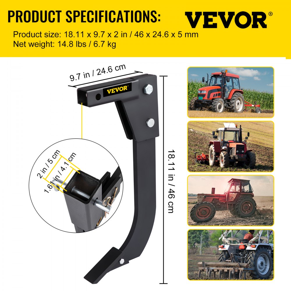 VEVOR Hitch Mounted Ripper, 18\" Shank Length Box Scraper Shank, 4 Hole Site Box Blade for Tractor, 2 Locating Pins Ripper Shank, 2 Plough Tips Box Blade Shank Teeth
