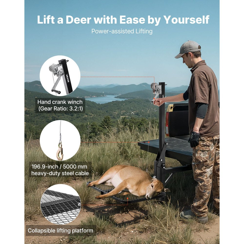 VEVOR Hitch Deer Hoist with Lifting System Platform, 300 lbs Load Capacity, Game Hoist Winch Lift with 2-inch Receiver, 360-Degree Swivel Shaft & Foldable, Hitch-Mounted Deer Hanger for Moving Game