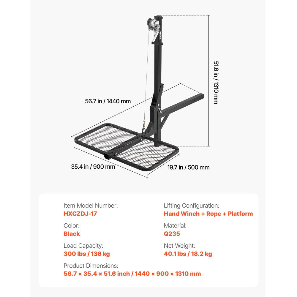 VEVOR Hitch Deer Hoist with Lifting System Platform, 300 lbs Load Capacity, Game Hoist Winch Lift with 2-inch Receiver, 360-Degree Swivel Shaft & Foldable, Hitch-Mounted Deer Hanger for Moving Game