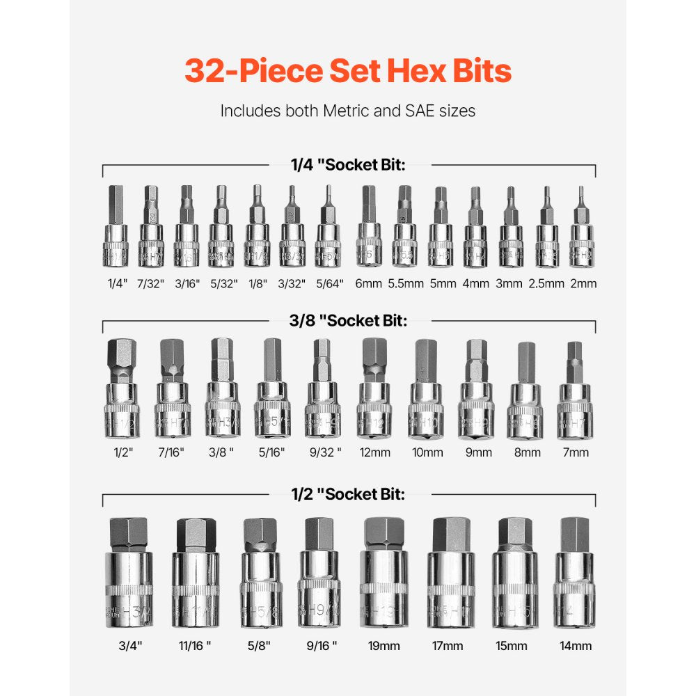 VEVOR Hex Bit Socket Set, 32-Piece, S2 Alloy Steel and Cr-V Steel, Standard SAE and Metric, 1/4 in, 3/8 in, and 1/2 in Drives, with Enhanced Storage Case, Allen Socket Set for Mechanics, Auto Repair