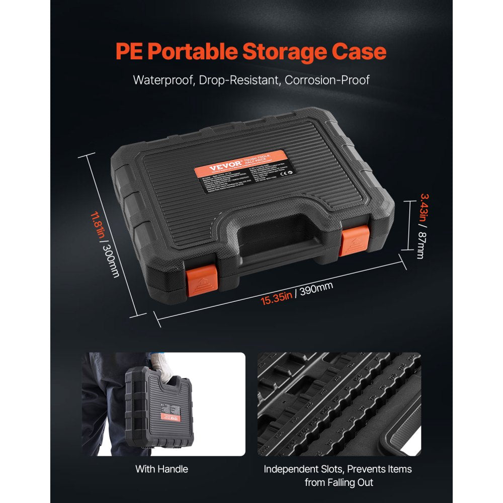 VEVOR Bit Socket Set, 107-Piece SAE and Metric, Hex/Torx/External Torx/Tamper-Proof/Extra Long, S2 Alloy Steel and Cr-V Steel, 1/4 in, 3/8 in, and 1/2 in Drives, with Enhanced Storage Case, Hand Use