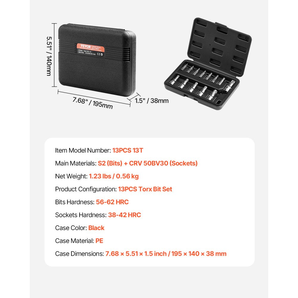 VEVOR Torx Bit Socket Set, 13-Piece Star T8 - T60 Set, S2 Alloy Steel and Cr-V Steel, 1/4 in, 3/8 in, and 1/2 in Drives, with Enhanced Storage Case, Torx Sockets for Hand Use, Mechanics, Auto Repair