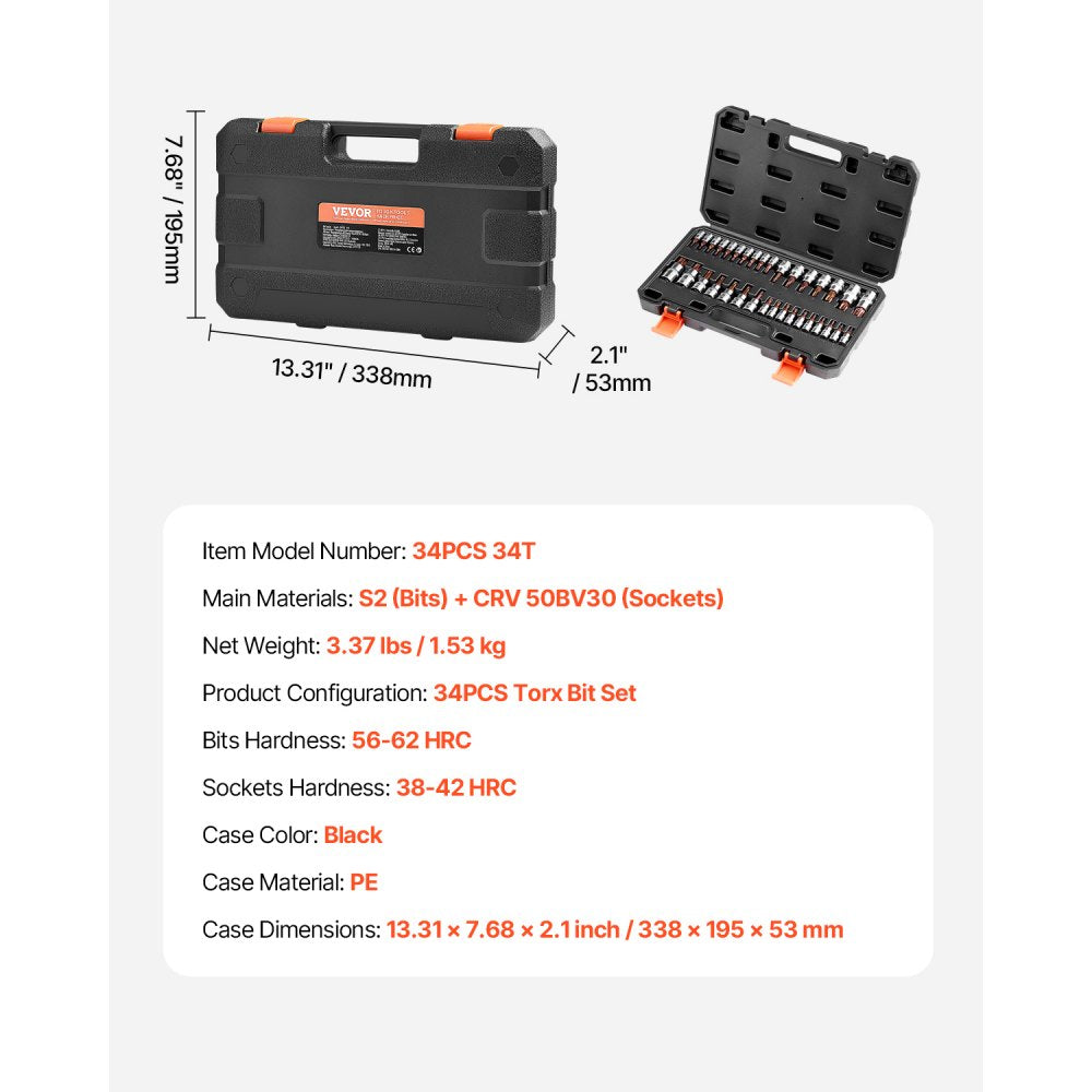 VEVOR Torx Bit Socket Set, 34-Piece Solid Star and Tamper Proof T6-T70, S2 Alloy Steel and Cr-V Steel, 1/4 in, 3/8 in, and 1/2 in Drives, with Enhanced Storage Case, Torx Sockets for Hand Use