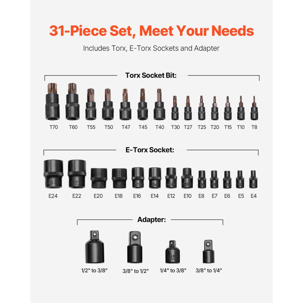 VEVOR Torx Bit Socket and External Torx Socket Set, 31-Piece T8-T70 and E4-E24, S2 Alloy Steel and Cr-V Steel, 1/4 in, 3/8 in, and 1/2 in Drives, with Adapter and Enhanced Storage Case, for Automotive