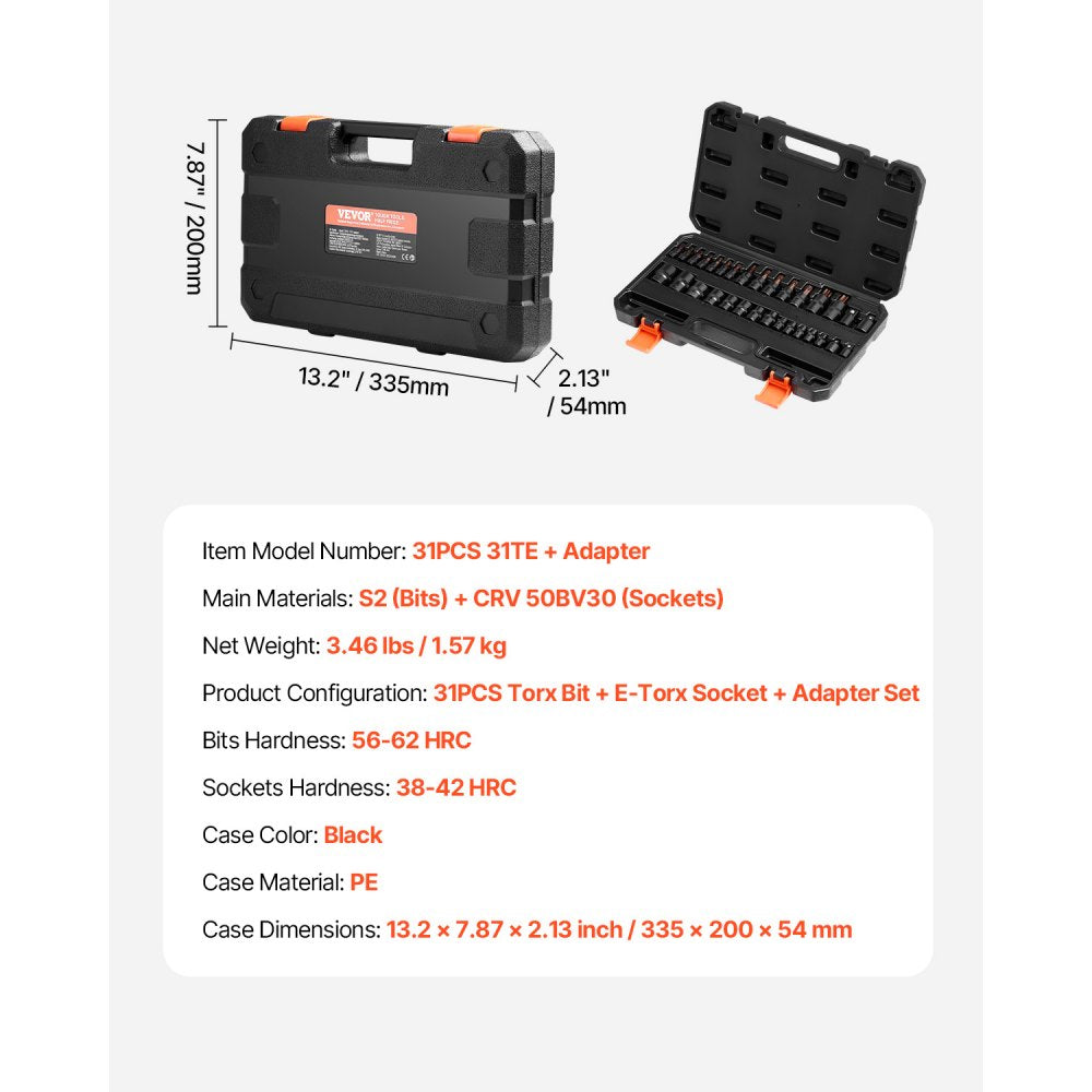 VEVOR Torx Bit Socket and External Torx Socket Set, 31-Piece T8-T70 and E4-E24, S2 Alloy Steel and Cr-V Steel, 1/4 in, 3/8 in, and 1/2 in Drives, with Adapter and Enhanced Storage Case, for Automotive
