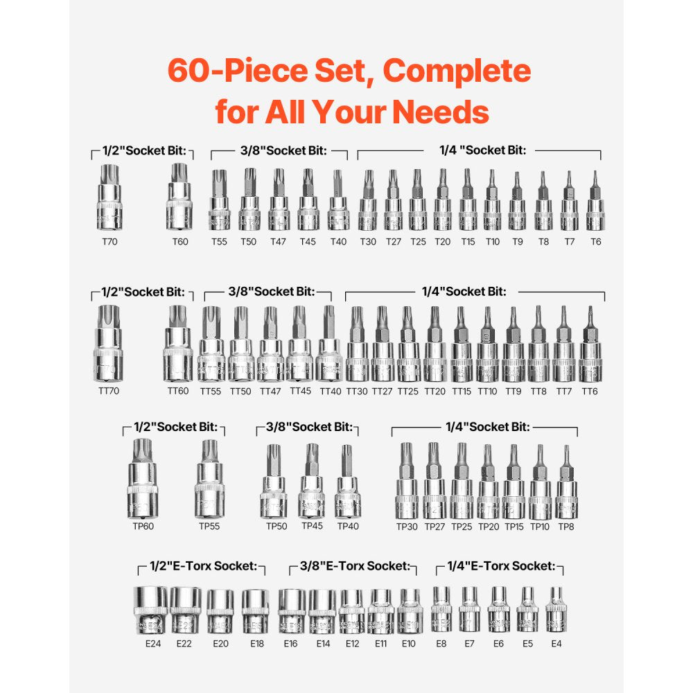 VEVOR Torx Bit Socket and External Torx Socket Set, 60-Piece T6-T70, TT6-TT70, TP8-TP60, E4-E24, S2 Alloy Steel and Cr-V Steel, 1/4 in, 3/8 in, and 1/2 in Drives, with Enhanced Storage Case, Hand Use