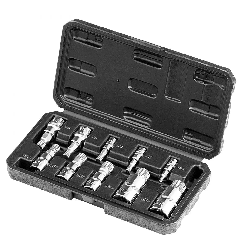 VEVOR XZN Triple Square Spline Bit Socket Set, 10-Piece M4 - M18, Premium Cr-V Steel, 1/4 in, 3/8 in, and 1/2 in Drives, with Enhanced Storage Case, Triple Square Socket Set for Hand Use, Automotive