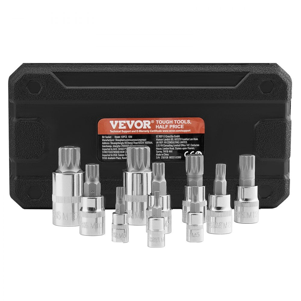 VEVOR XZN Triple Square Spline Bit Socket Set, 10-Piece M4 - M18, Premium Cr-V Steel, 1/4 in, 3/8 in, and 1/2 in Drives, with Enhanced Storage Case, Triple Square Socket Set for Hand Use, Automotive
