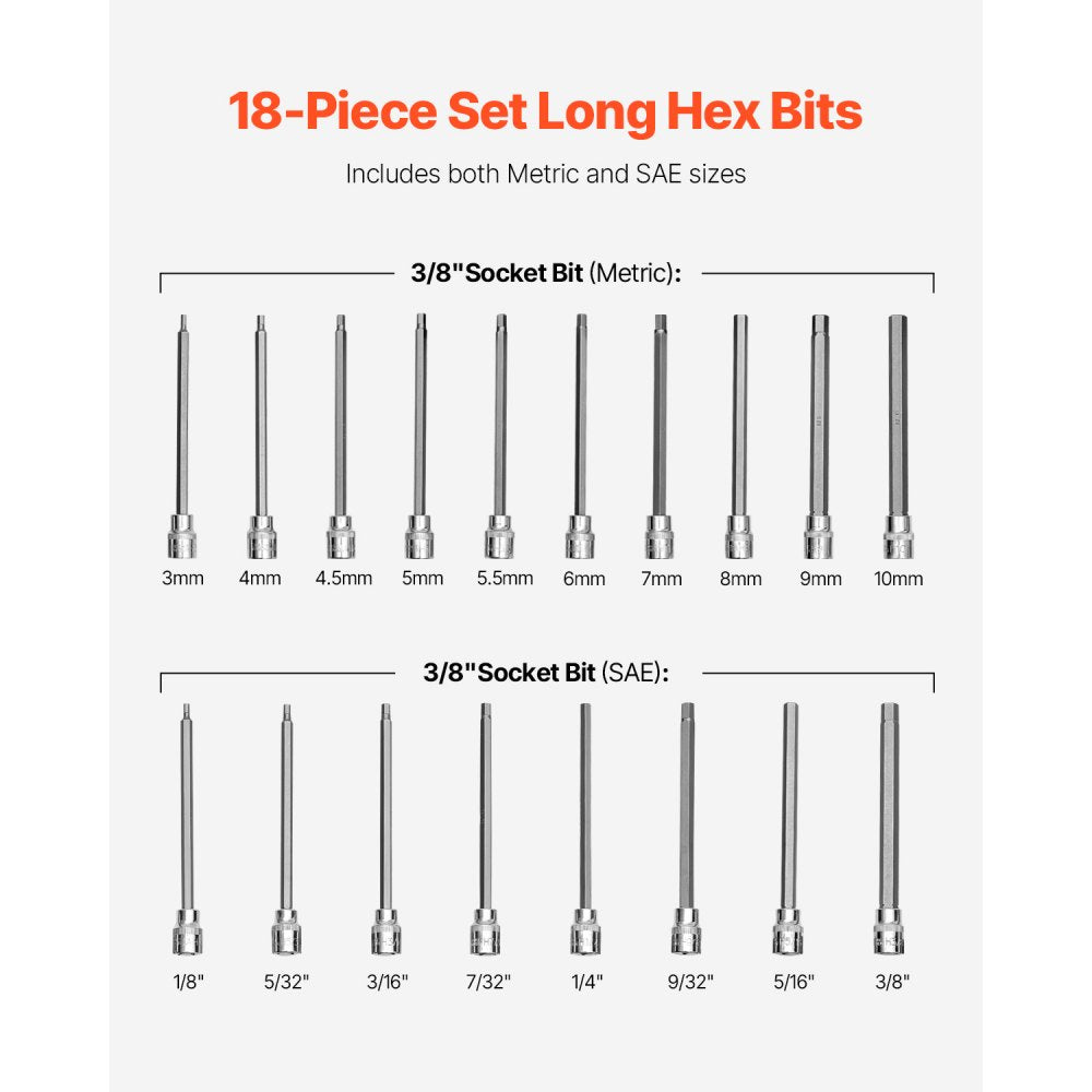 VEVOR Extra Long Allen Hex Bit Socket Set, 18-Piece 3/8 inch Drive, S2 Alloy Steel and Cr-V Steel, Standard SAE and Metric 1/8-Inch-3/8-Inch, 3-12mm, with Enhanced Storage Case, for Mechanics