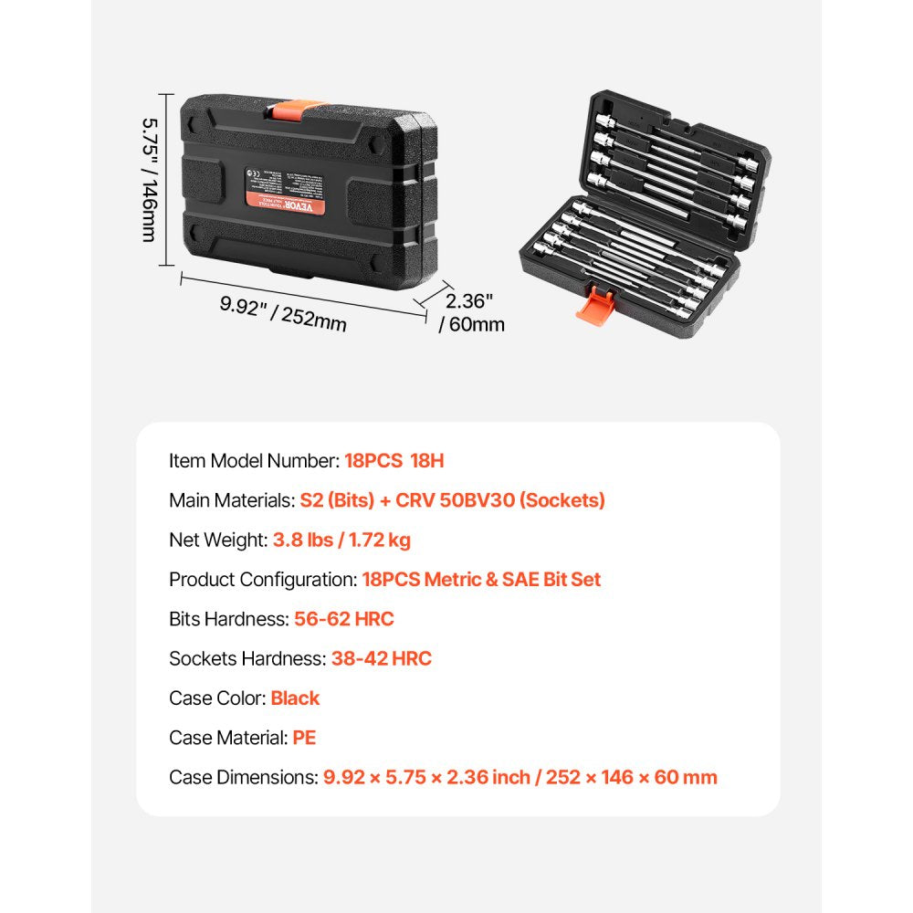 VEVOR Extra Long Allen Hex Bit Socket Set, 18-Piece 3/8 inch Drive, S2 Alloy Steel and Cr-V Steel, Standard SAE and Metric 1/8-Inch-3/8-Inch, 3-12mm, with Enhanced Storage Case, for Mechanics