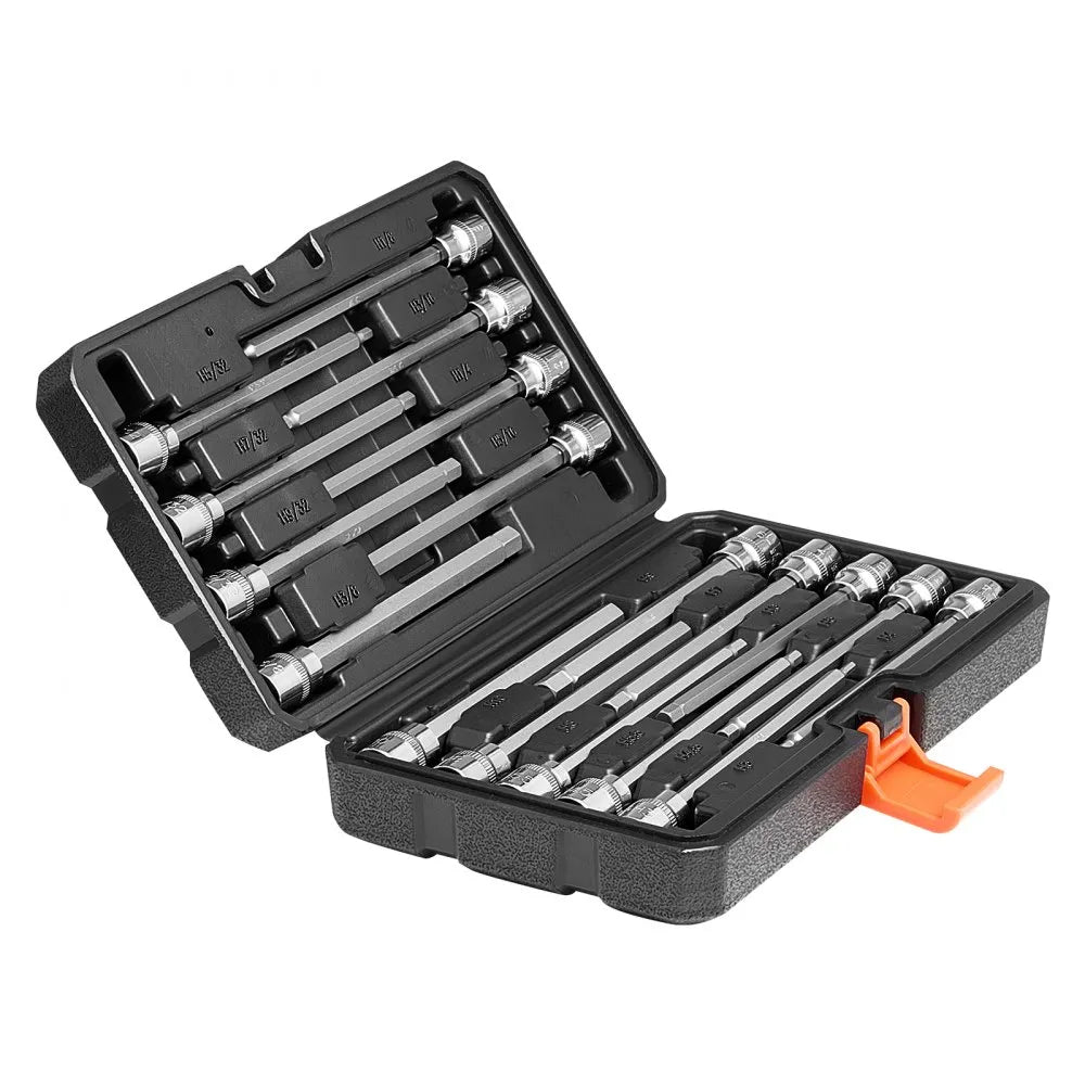 VEVOR Extra Long Allen Hex Bit Socket Set, 18-Piece 3/8 inch Drive, S2 Alloy Steel and Cr-V Steel, Standard SAE and Metric 1/8-Inch-3/8-Inch, 3-12mm, with Enhanced Storage Case, for Mechanics