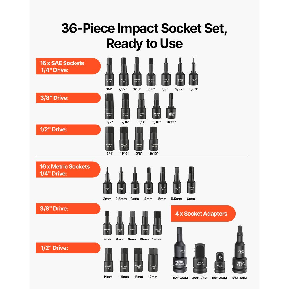 VEVOR Hex Bit Socket Set 36-Piece 1/4" 3/8" 1/2" Drive Hex Bit Sockets, for Auto Repair Mechanical Maintenance, SAE and Metric CR-V Steel Sockets with 4 Adapters, Storage Case, and Clear Markings